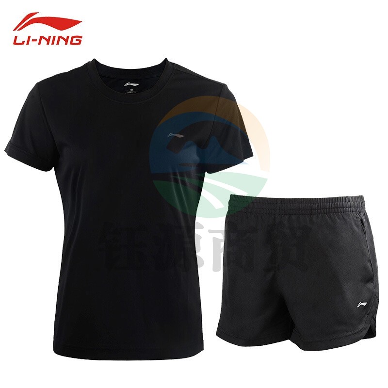 李宁（LI-NING）瑜伽服套装女夏季短袖短裤速干透气健身跑步运动服416+612 L码 黑色