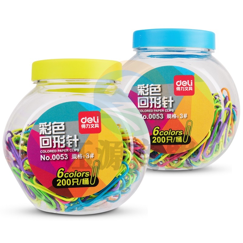 得力(deli)  0053 回形针 彩色回形针筒装曲别针 盒装回型针 创意文具办公 三角形圆形针 随机彩色筒装(1筒200枚)    WLSZ01071428118999