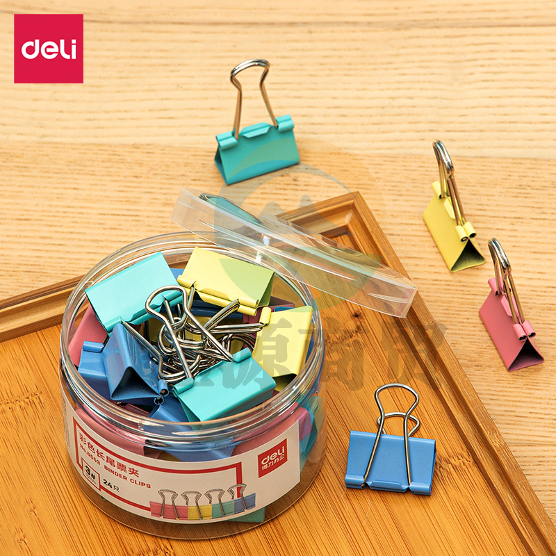 得力8553-3#彩色长尾票夹32mm筒装(混)(24只/筒)