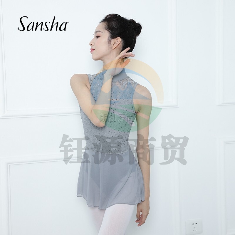 三沙（Sansha）高领舞蹈练功服女无袖露背芭蕾舞体操形体演出连体服 灰色 M