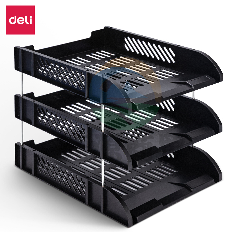 得力(deli)9217 三层文件盘文件框资料架文件架办公用品多层加厚文件座简易桌上资料夹 黑色/灰色   WLSZ01312218558986