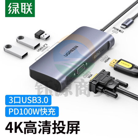 绿联Type-C扩展坞USB-C转HDMI/VGA转换器雷电3拓展分线器适用华为苹果MacBook 6合1【HDMI+VGA+USB3.0】50319  WLSZ04141737261596