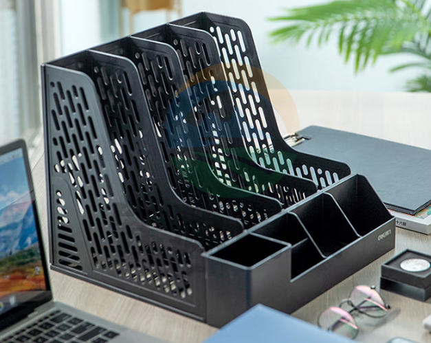 得力(deli)4联带笔筒收纳桌面文件框 办公室桌面多层资料架子 多功能镂空文件架 黑色 78981    WLSZ01142022034679