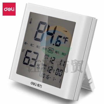 得力(deli)LCD带时间闹钟多功能电子温湿度计 办公用品 白色8958