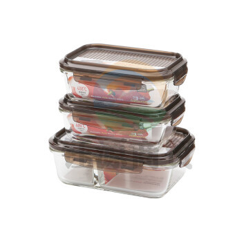 乐扣乐扣(LOCK&LOCK)LLG991CS101 玻璃饭盒分隔微波炉用便携耐热上班族便当盒带饭保鲜盒 （礼盒三件套）