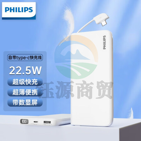 飞利浦（PHILIPS） 充电宝自带线10000毫安快充移动电源大容量双USB输出适用于苹果华为手机 自带type-c充电线10000mAh