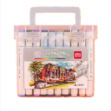 得力70803-80色酒精性三角杆马克笔(混)(80色/桶)