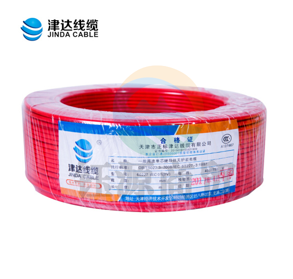 津达线缆 国标单芯多丝软塑铜线 硬线 电线 电缆 100M一盘 津达线缆 BVR红色10平方