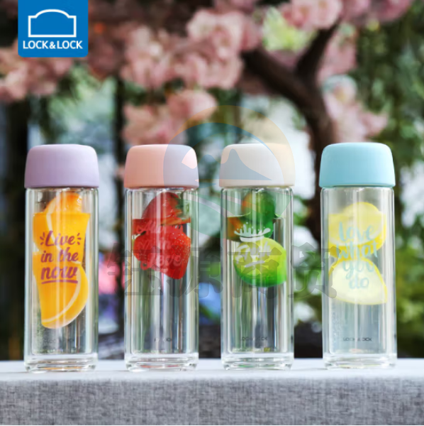 乐扣乐扣（LOCK&LOCK）LLG628 双层耐热玻璃杯 马卡龙色带茶网大口径个性贴图时尚水杯300ml