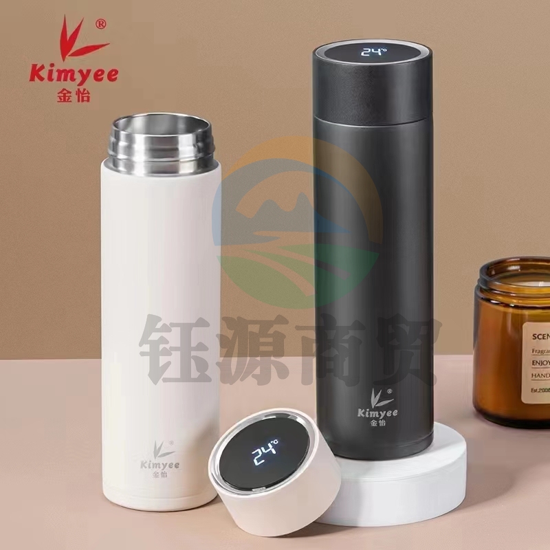 金怡保温杯316不锈钢智能显温大容量男女简约便携车载商务泡茶杯 480ml  黑白色可选 颜色备注