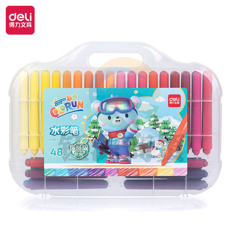 得力HM512-48_PP盒装萌咿滑雪粗圆杆食品级水彩笔(混)(盒)