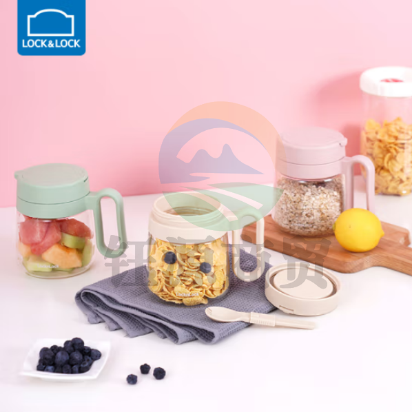乐扣乐扣（LOCK&LOCK）LLG966 早餐杯 耐热玻璃带把手 大容量便携杯带盖带勺580ML 颜色备注