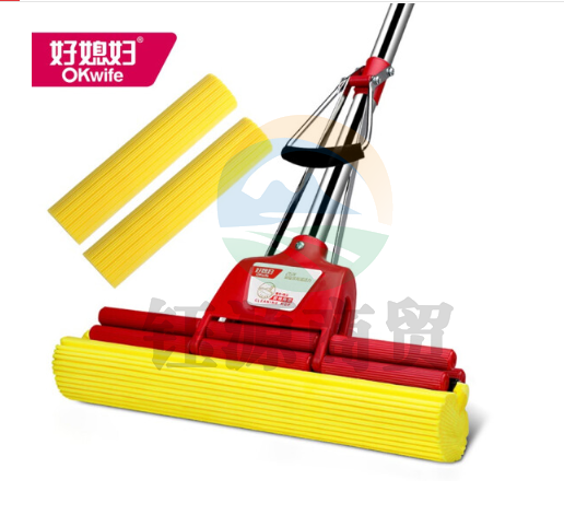 好媳妇 AGW-7105A-1加大33cm海绵拖把 家用办公室吸水墩布 懒人免手洗自动胶棉 托地板挤水式伸缩长杆刮水神器 共3个拖头