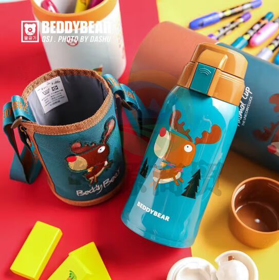 杯具熊（BEDDYBEAR）儿童保温杯带吸管316不锈钢双盖两用大容量儿童水杯壶600ml麋鹿