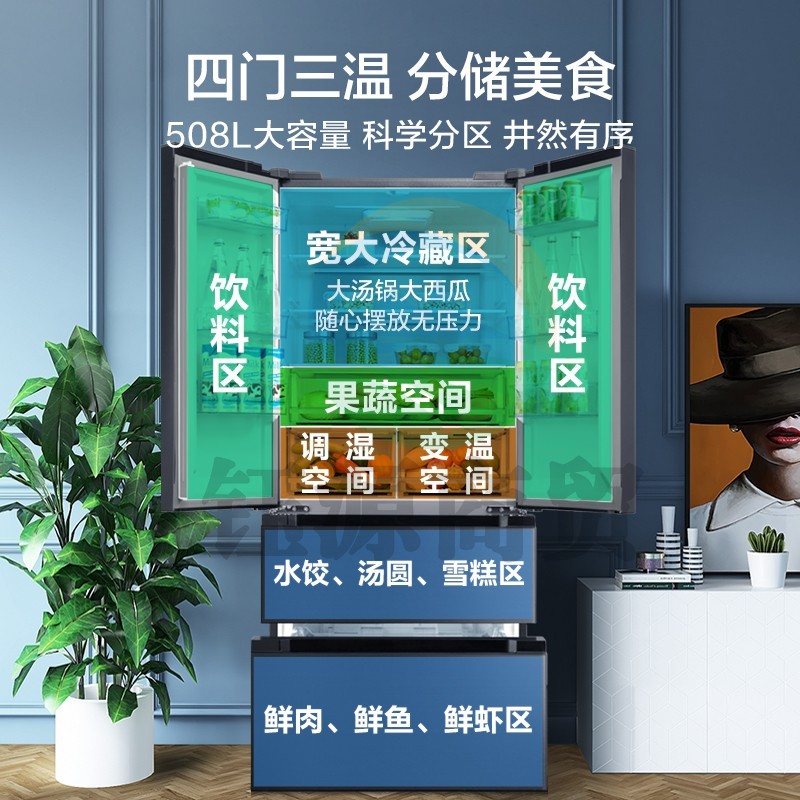 美的(Midea)BCD-508WTPZM(E) 19分钟急速净味508升变频一级能效法式多门电冰箱超大容量家用除菌