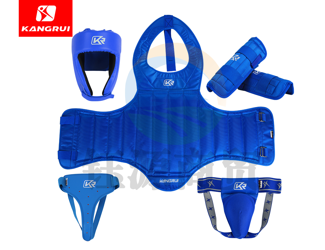 康瑞KS553 散打护具套装四件套 PU革头盔 牛津布护胸护腿 加网护裆 红蓝两色可选