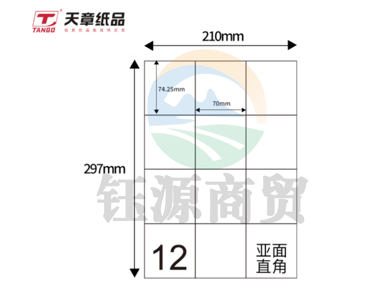 天章（TANGO）A4不干胶黄底哑面背胶纸 标签贴纸 直角12枚/张(单枚70mm*74.25mm) 80张/盒装