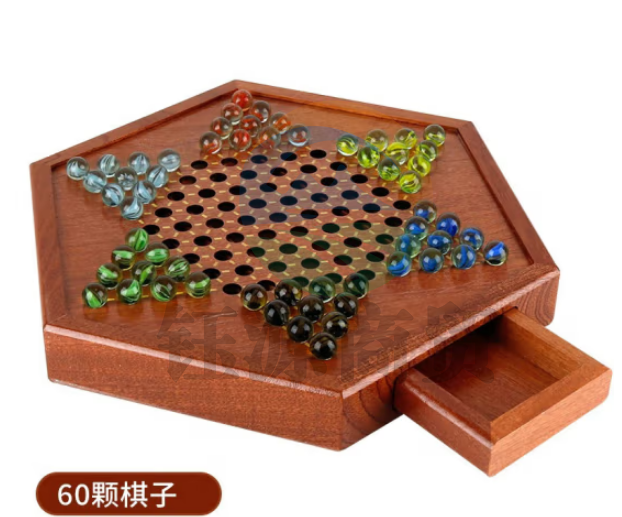 紫湖 跳棋玻璃珠大号儿童中国跳跳棋木质抽屉棋盘60颗棋子套装12颗备子