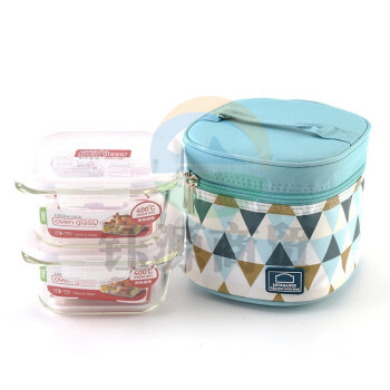 乐扣乐扣（LOCK&LOCK）LLG214S904 玻璃保鲜饭盒水果便当少女心餐盒小号微波炉500ML*2餐包午餐包 (蓝色餐包)