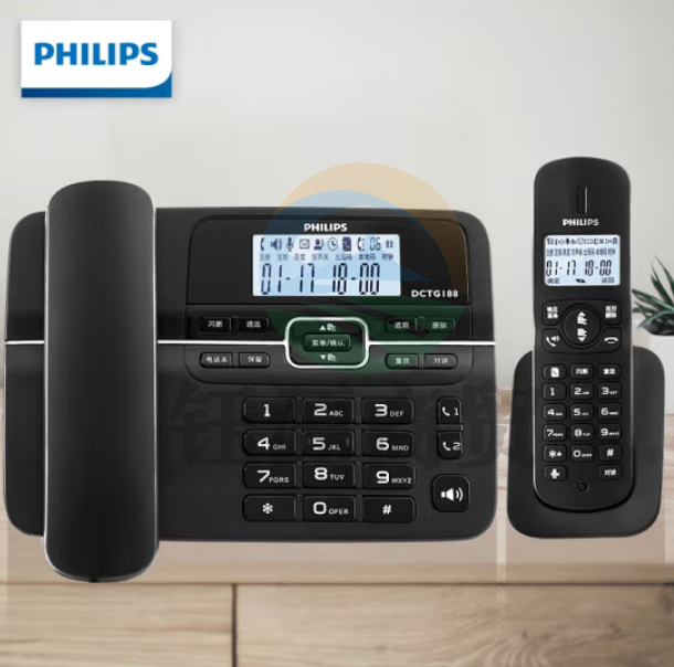 飞利浦（PHILIPS）DCTG188一拖一 无绳电话机 无线座机 子母机 一键拨号 双免提 黑色