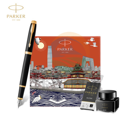 派克（PARKER）钢笔 签字笔 商务送礼男女生日礼物学生练字书法礼品文具套装 IM纯黑丽雅金夹墨水笔+北京礼盒