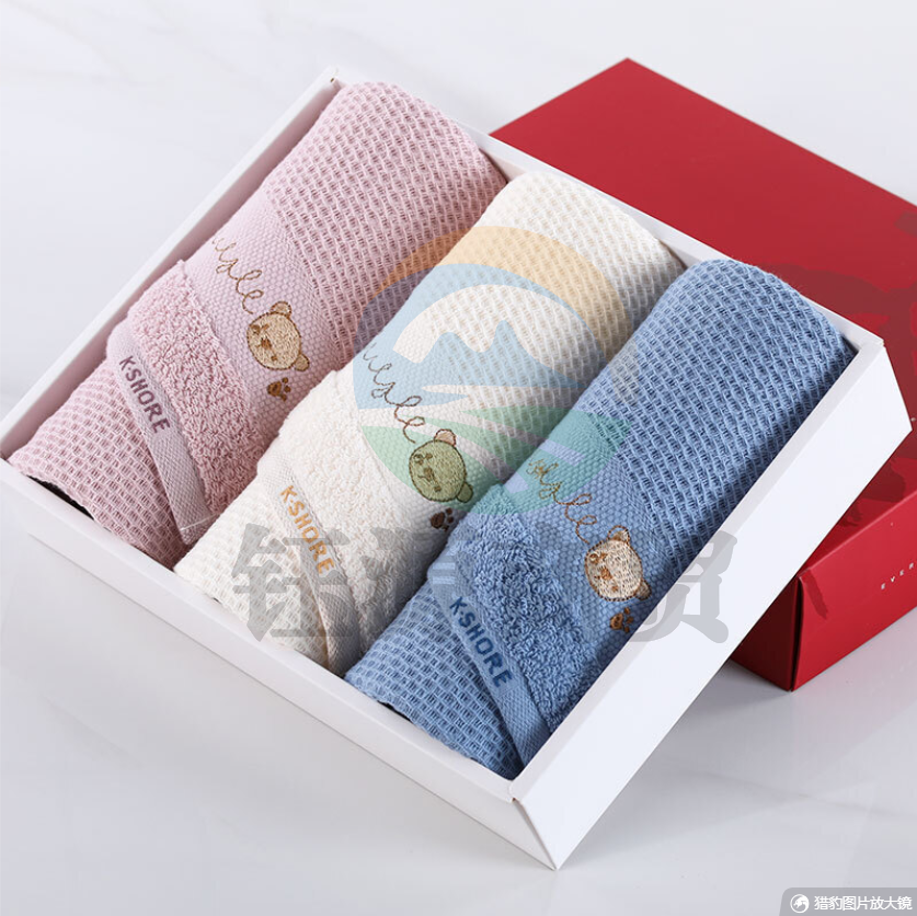 金号毛巾家纺 毛巾礼盒 绣花卡通华夫格新疆纯棉A类柔软面巾三条装 含手提袋