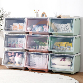 友耐斜口翻盖收纳箱 零食玩具整理箱衣服储物收纳盒带轮可叠放56L 3只装北欧灰