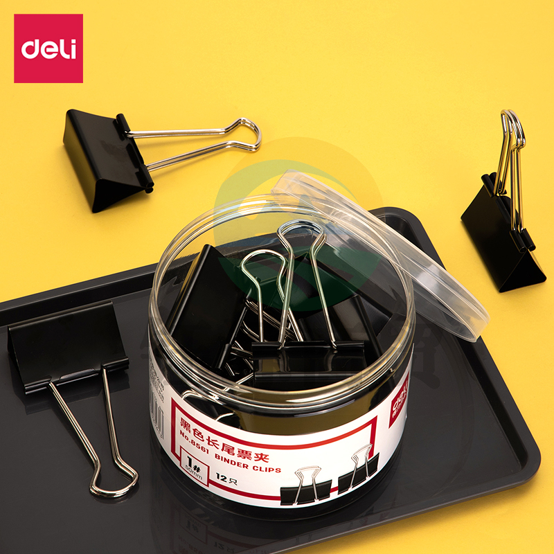 得力8561-1#黑色长尾票夹50mm(筒装)(黑)(12只/筒)