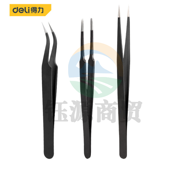 得力DL396003 不锈钢镊子3件套 弯头镊子+平头镊子+尖头镊子