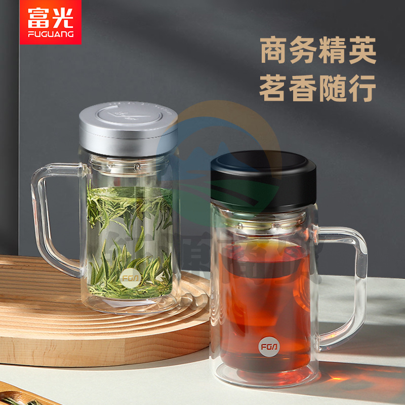 富光 X1501-BSPT-570豪爵双层水杯 带把手带盖 钢本色570ml