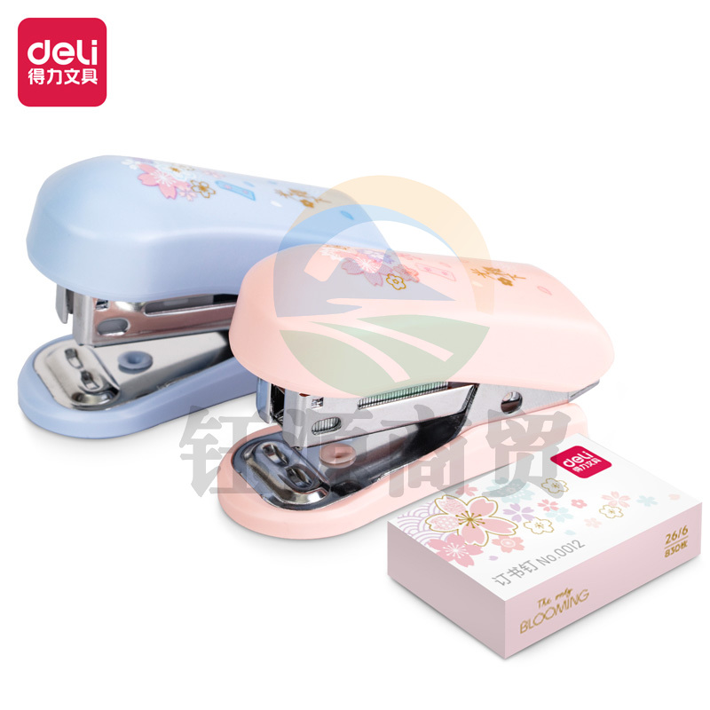 得力0257 樱花主题12#迷你订书机(混)(1订书机+1盒钉/卡)