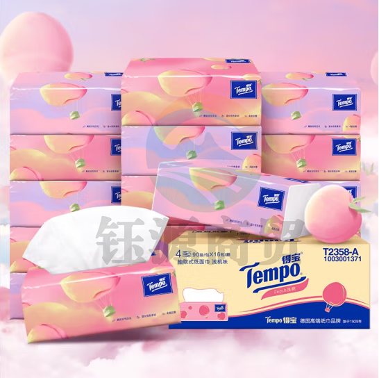 得宝（TEMPO）抽纸 甜心桃味4层加厚90抽*16包湿水柔韧 纸巾 餐巾纸（箱）