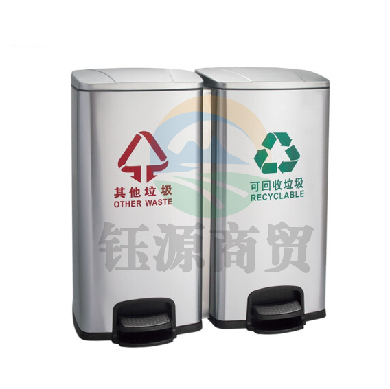 60L不锈钢脚踏垃圾桶 脚踩双桶连体垃圾桶