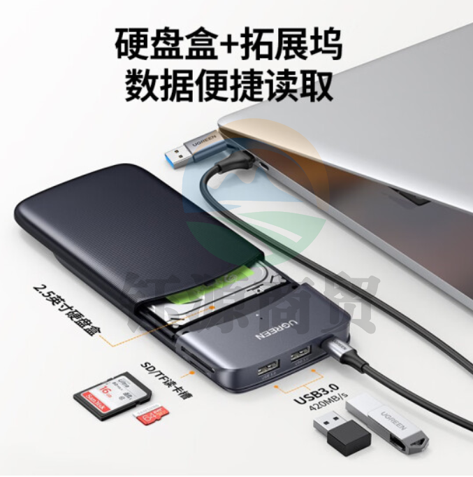 绿联(UGREEN) 60620 Type-C移动硬盘盒扩展坞M.2拓展坞2.5英寸SATA固态协议USB-C转接头HUB分线器SD/TF读卡