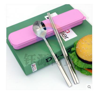 津御商厨YC-3M实心304不锈钢筷子勺子套装 5套/组 学生便携餐具盒旅行筷勺三件儿童长柄