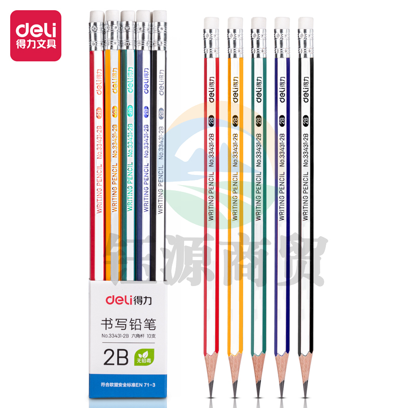 得力33431-2B_皮头抽条10支装六角杆2B铅笔(混)(10支/盒)