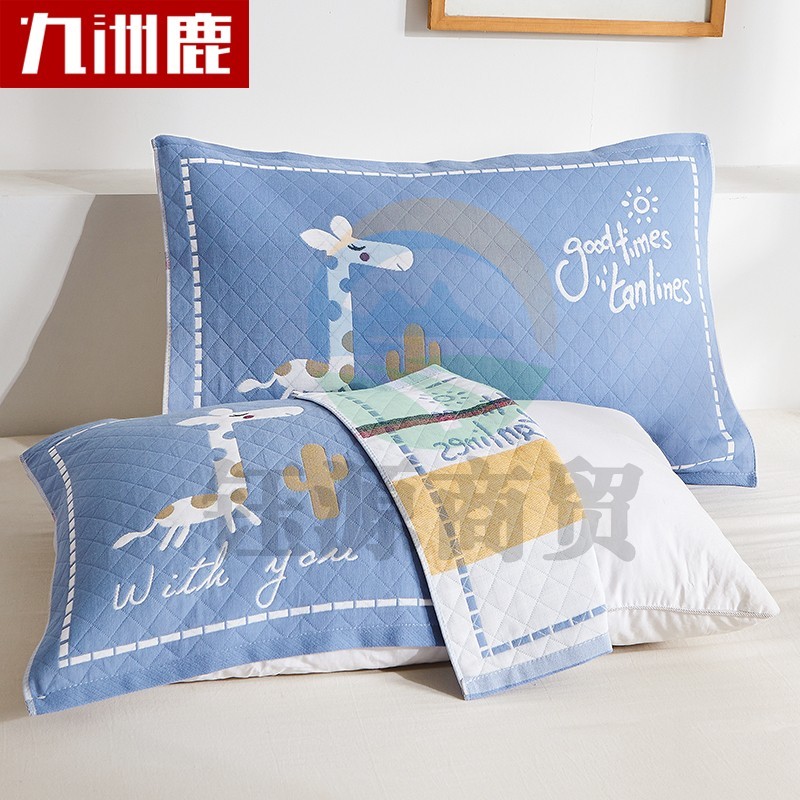九洲鹿 枕巾 纯棉三层纱枕巾全棉加大枕头巾 小鹿-蓝 52*78cm（一对装）
