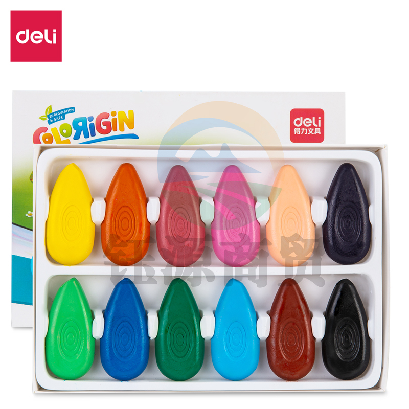 得力72074-12_12色水滴蜡笔(混)(盒)油画棒 萌趣防滑不脏手幼儿儿童涂鸦绘画画笔 美术用品套装画材文具