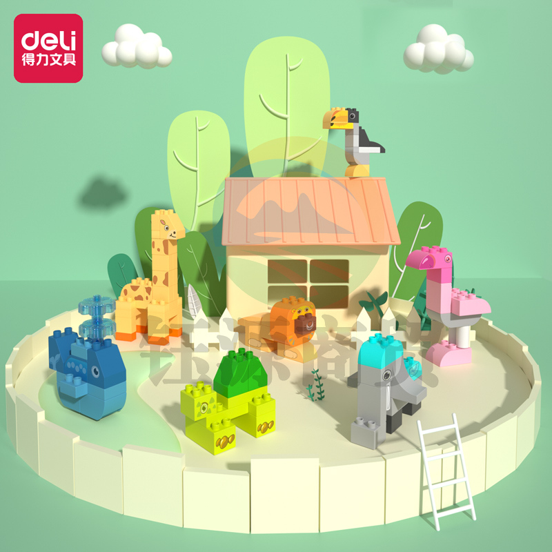 得力74543动物积木(混)(套)木质3D拼图 儿童手工益智拼装椴木夹板安全玩具