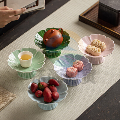 中式复古陶瓷高脚果盘 高脚款莲花小盘 