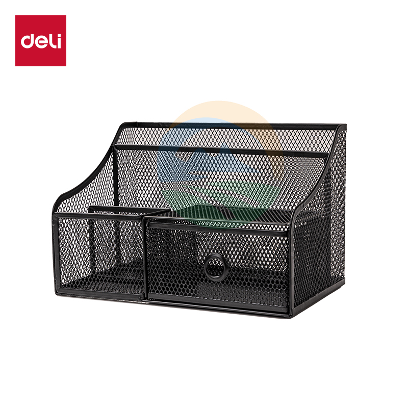 得力(deli) 金属网纹办公笔筒 多功能四格办公抽屉式桌面收纳盒摆件 黑色PK150