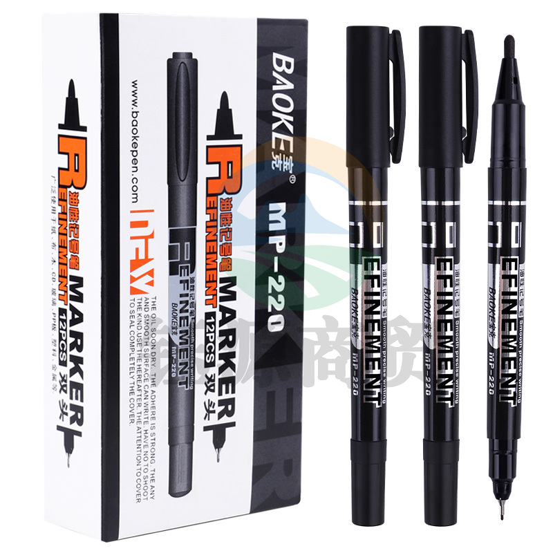 宝克(BAOKE) MP220 小双头多用油性记号笔签字笔 勾线笔会议笔 黑色 12支/盒