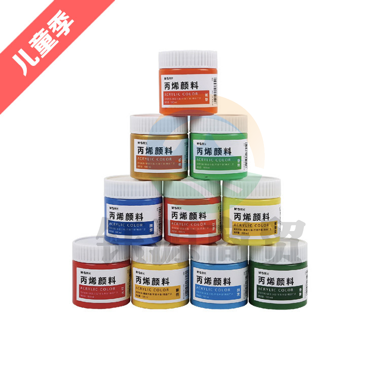 晨光颜料丙烯画 100mlAPLN6575 颜色备注 土黄 大红 天蓝 朱红 柠檬黄 桔红 淡绿 淡黄 紫色 群青 肉色 草绿 金色 钛白 钴蓝 黑色