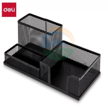 得力(deli)金属网纹笔筒 多功能三格办公桌面收纳盒摆件 办公用品 黑色9175 BG.930