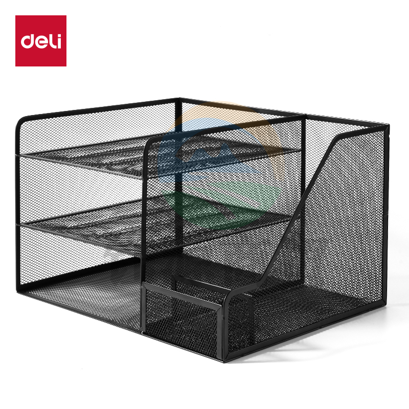 得力(deli)多功能金属网材组合式文件框/盘/栏书立办公用品桌面档案收纳盒多层带笔筒黑色PB103