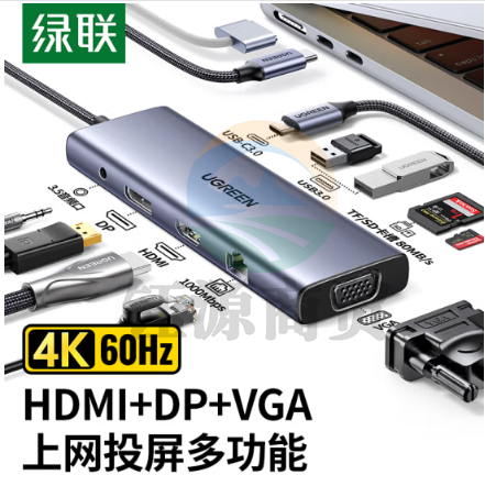 绿联(UGREEN)90887 Type-C扩展坞USB-C转DP/HDMI雷电4拓展坞4K60Hz多功能充电转接头分线器